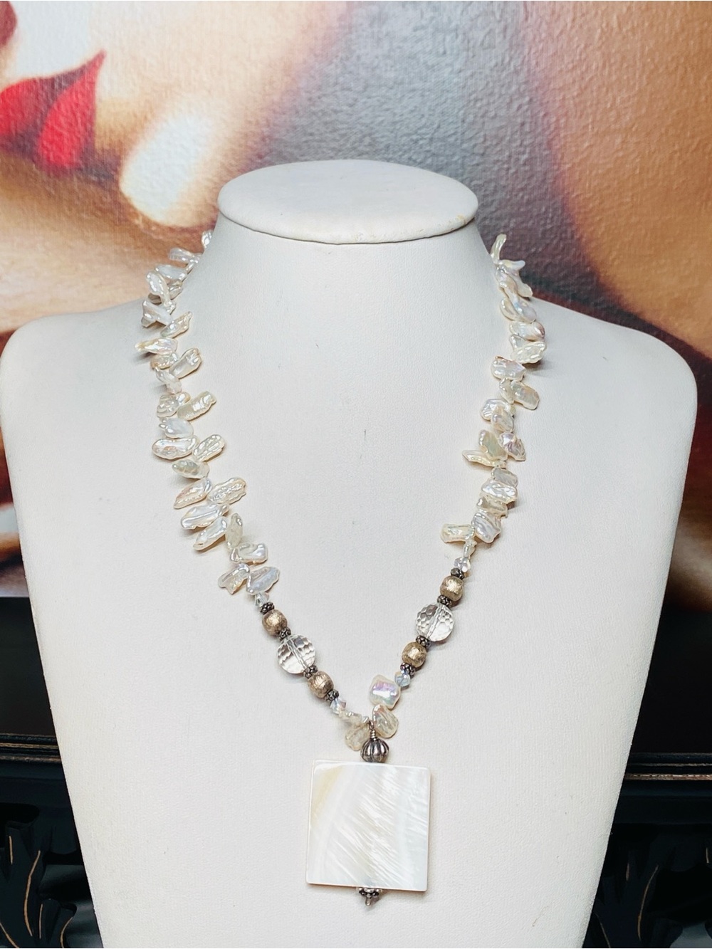 🍇 Stick Pearl & Mother of Pearl Necklace Sterling Silver 925 Clasp